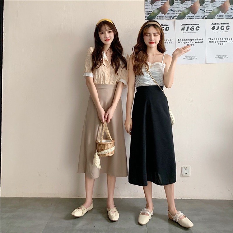 [Ảnh thật/Video] Chân váy trơn dáng dài cạp cao chán váy nữ phong cách ulzzang