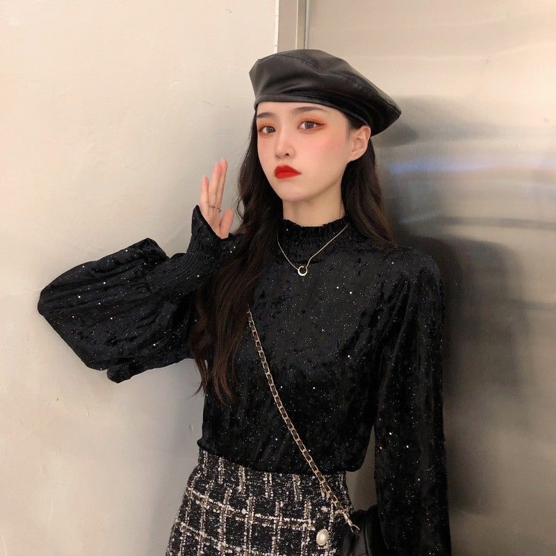 Áo nhung tay dài cổ cao xếp ly đính kim sa lấp lánh phong cách Hàn Quốc mới cho nữ