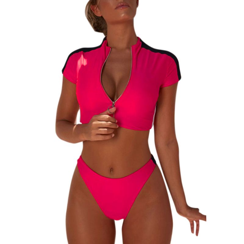 Bộ Bikini Hai Mảnh Tay Ngắn Có Khóa Kéo Họa Tiết Sọc Thời Trang Quyến Rũ Cho Nữ