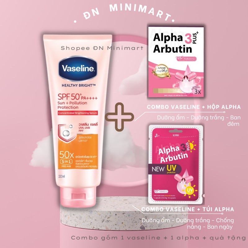 Combo Dưỡng thể Vaseline 50X 320ml + Bột Kích Trắng Alpha Arbutin Thái Lan