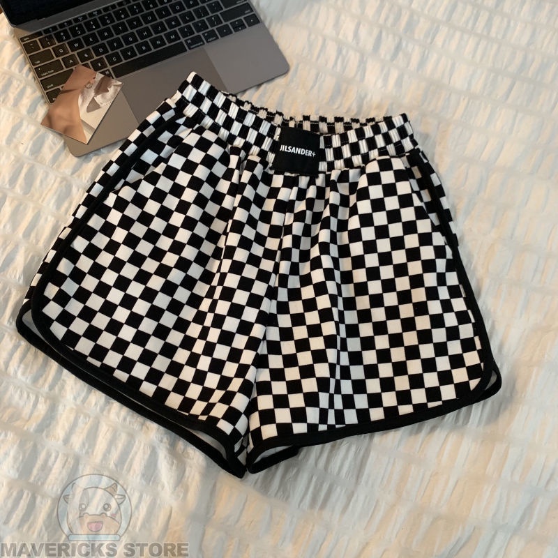 Quần Short Thể Thao Lưng Cao Họa Tiết Kẻ Ô Trắng Đen Thời Trang Mùa Hè Cho Nữ