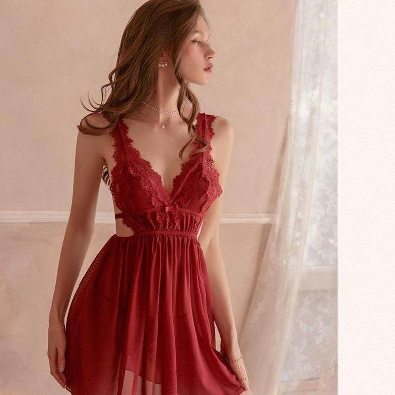 〖Ciwas Syac〗 Váy dây treo bằng lưới trong suốt gợi cảm của Pháp váy ngủ ren xuyên thấu phục vụ tại nhà cho phụ nữ đồ ngủ chữ V sâu