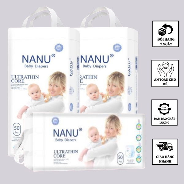 Bỉm quần Nanu baby ultrathin xuất Nhật size S/M/L/XL/XXL/XXXL, tã dán Nanu siêu mỏng mềm mịn cho bé bịch 50 miếng