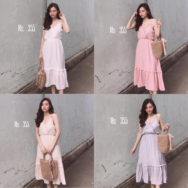 Đầm maxi 2 dây co giãn eo buộc vai viền ren💋 freeship ảnh thật clip