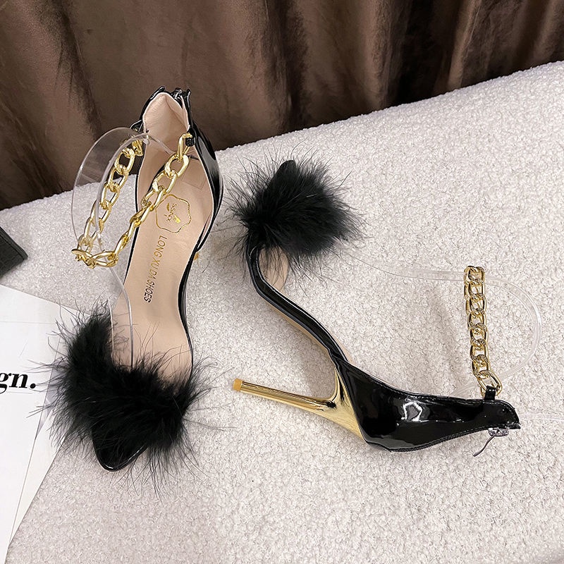 Giày Cao Gót Phối Dây Xích Kim Loại Đính Lông Xù Thời Trang Dành Cho Nữ 2022