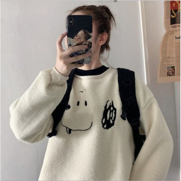 Áo Sweater Lông Hình Cún Cao Cấp, Áo Nỉ Lông Nữ In Hình Dáng Rộng Dài Tay | BigBuy360 - bigbuy360.vn