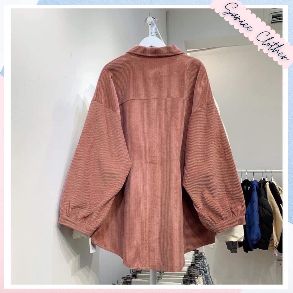 Áo sơ mi nhung tăm nữ dài tay in logo tay bồng dáng rộng Saniee Clothes