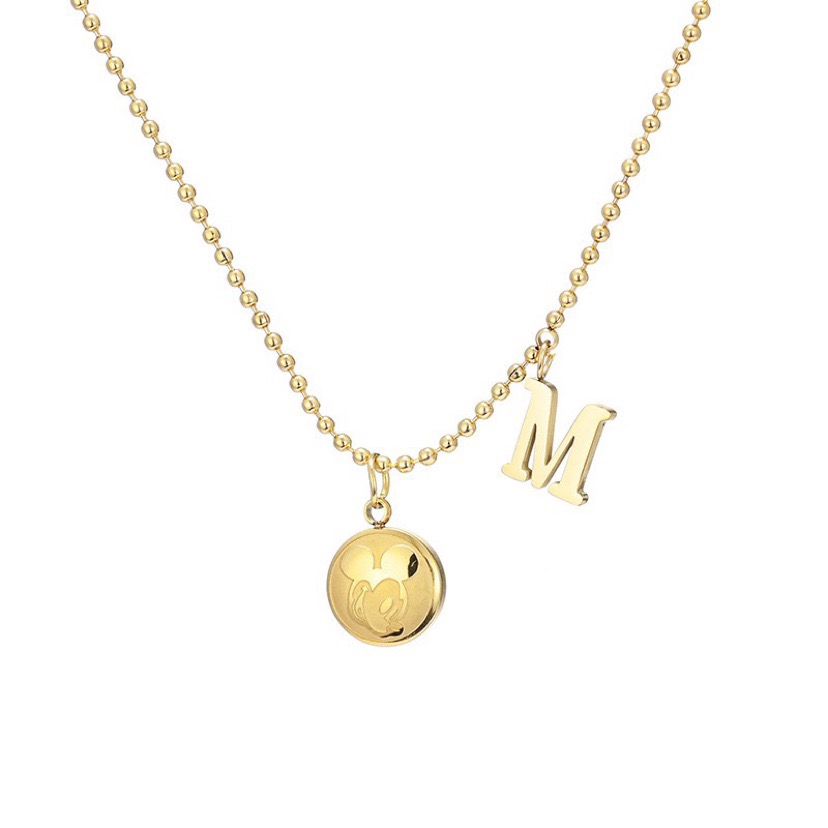 Dây chuyền bằng thép titan mạ vàng hồng/vàng 18k mặt hình chuột và chữ M phong cách Hàn Quốc trẻ trung