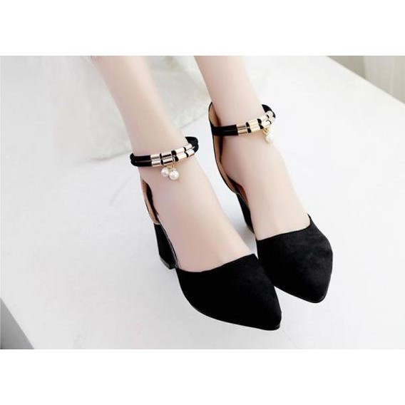 Giày cao gót vuông RF 7 phân bít mũi đen cổ hạt châu CG-0330