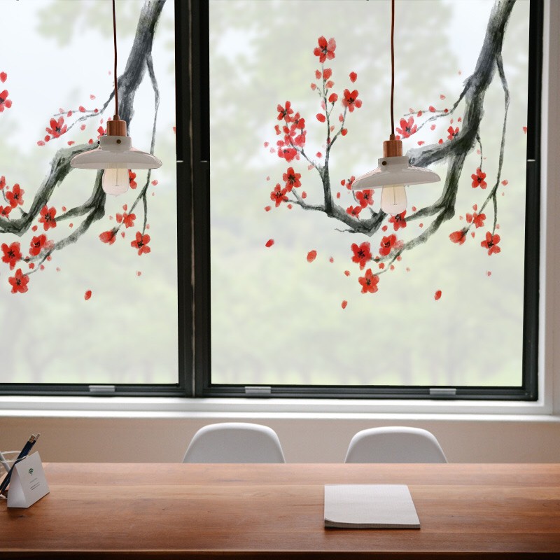 Decal dán kinh Cao Cấp - Cành hoa đỏ rực ( 60x58cm)