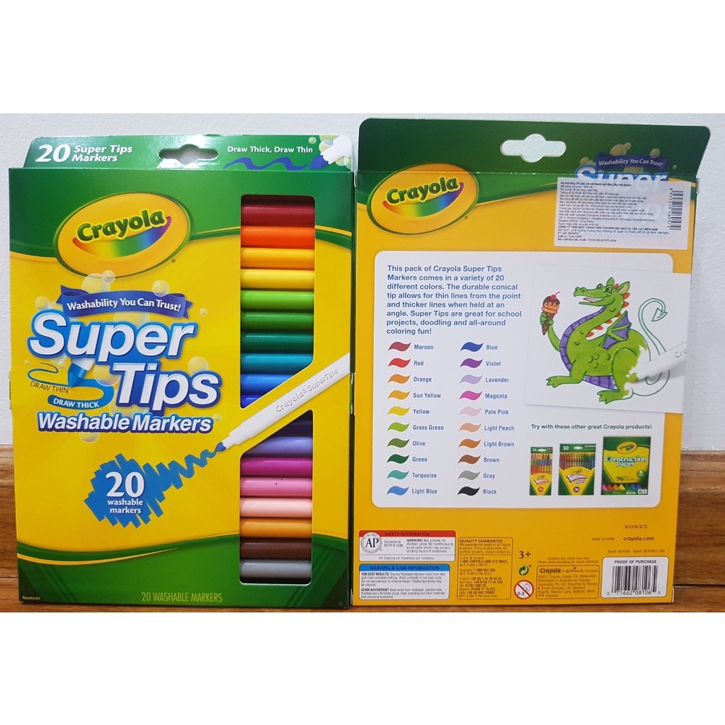 Bút lông màu, 20 màu dễ tẩy rửa, Crayola Supertips (Nét thanh nét đậm-20 cây)