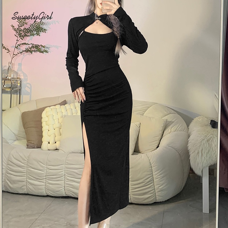 Đầm Maxi Ôm Eo Tay Dài Màu Đen Trơn Quyến Rũ Thời Trang 2022 Cho Nữ
