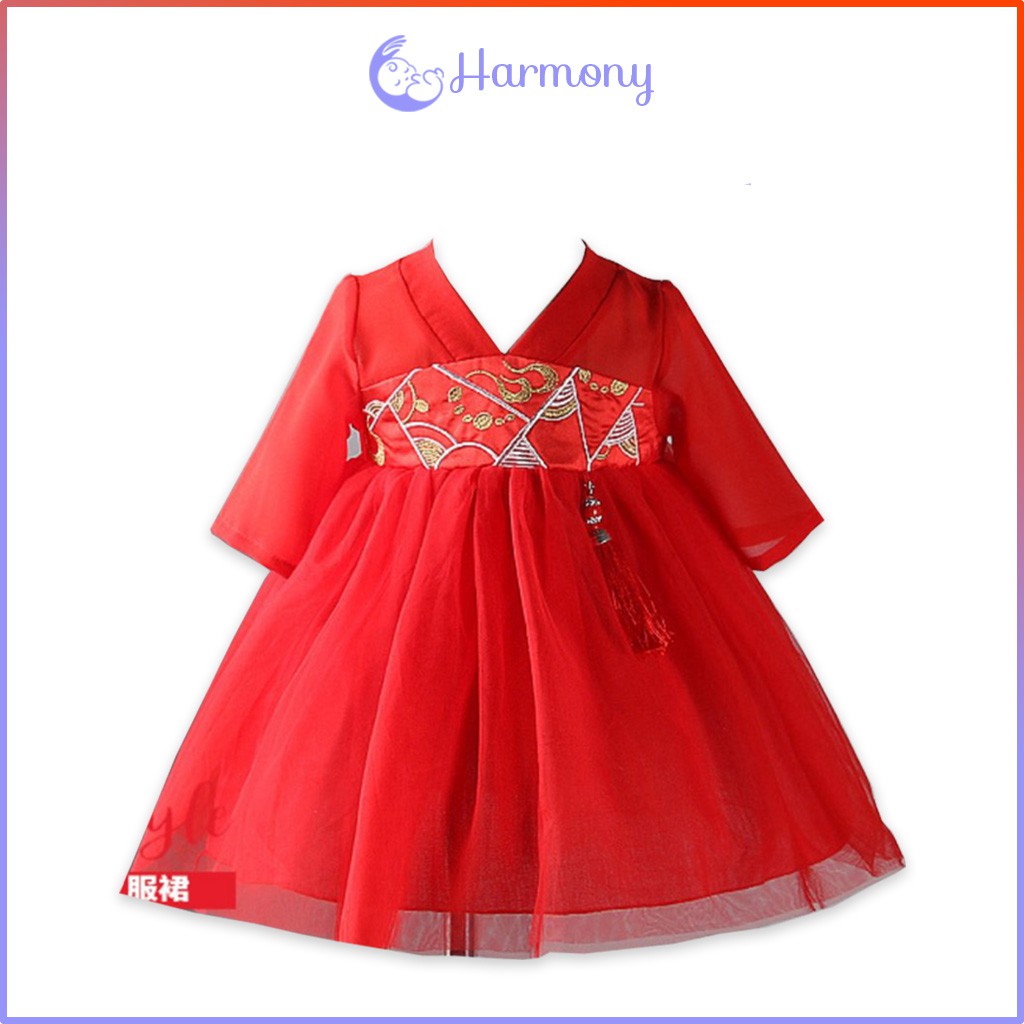 Váy đầm bé gái vải gấm đỏ thêu hoa cổ điển, truyền thống, sang trọng cho Lễ Tết