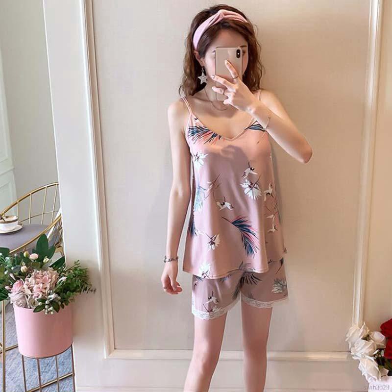 Pijama sát nách cổ chữ V in họa tiết ngọt ngào cho nữ