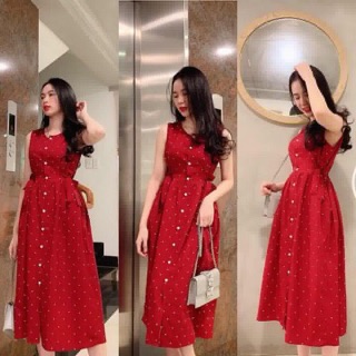 Đầm đỏ chấm bi thắt nơ eo