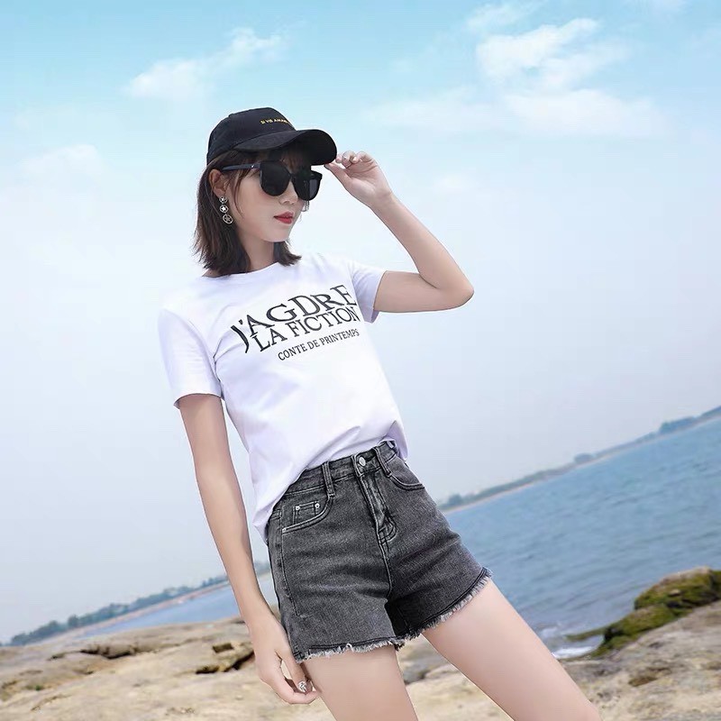 Quần short jean nữ BigSize màu đen tuyền và xám lông chuột, lưng cao, co dãn mạnh, tua lai rách 3833