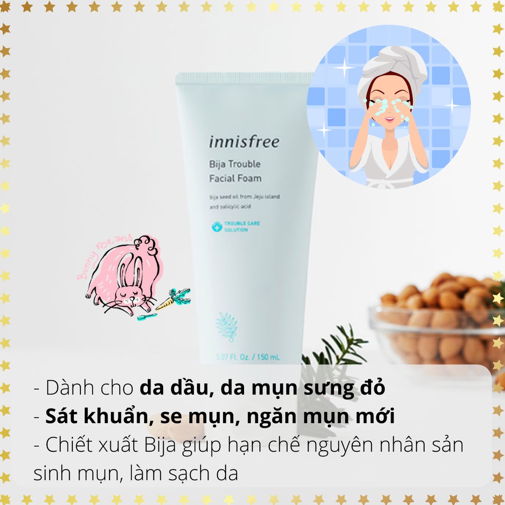 Sữa rửa mặt Innisfree Bija Trouble Facial Foam 150ml cho da nhạy cảm 💙 Shop Bunny Beans 💙