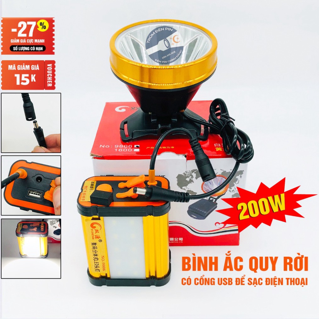 Đèn pin đội đầu SHANGYUAN 9806 LED 200W đèn đeo đầu siêu sáng bình rời có cổng usb sạc điện thoại có đèn phụ bên hông