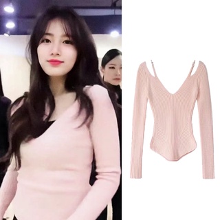 Suzy Bae Áo Sweater Dệt Kim Cổ Chữ V Giả Hai Mảnh Màu Hồng Thời Trang Cho Nữ