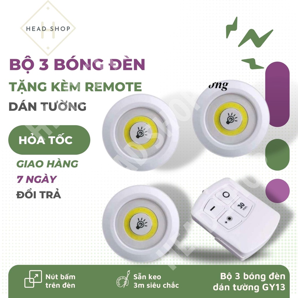 Bộ 3 bóng mini Điều khiển từ xa ánh sáng vàng Đèn led dán tường thông minh treo cầu thang phòng ngủ tủ GY13 HEAD SHOP