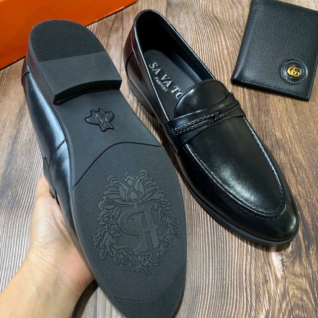 Giày tây công sở nam da bò nguyên tấm đai dệp đen trơn