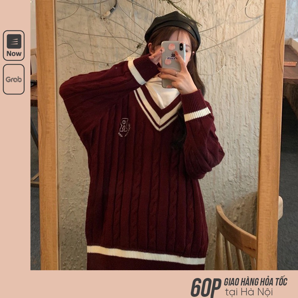 (SẴN) Áo len nữ cổ v tim tay dài form rộng màu đỏ đô Hàn Quốc mùa đông A00310