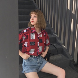 áo sơ mi nữ tay cộc sơ mi ulzzang họa tiết áo kiểu tay cộc đỏ cá tính