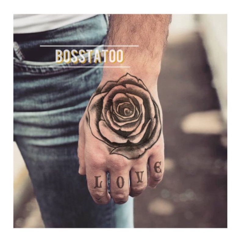 Hình xăm hoa hồng chữ LOVE đẹp ngầu MHT05 size bàn tay to &lt; 12x16cm. Boss tatoo - xăm dán tạm thời