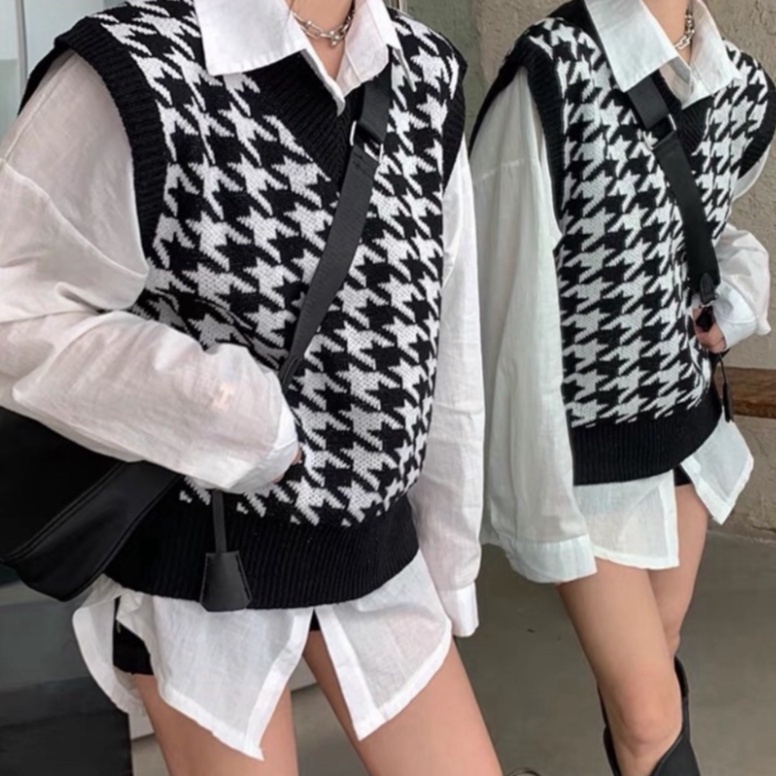 Áo gile len kẻ caro,áo ghile nữ họa tiết zizax hàng đẹp Quảng Châu A491 Noiyxanh nội y xanh chất len quảng châu