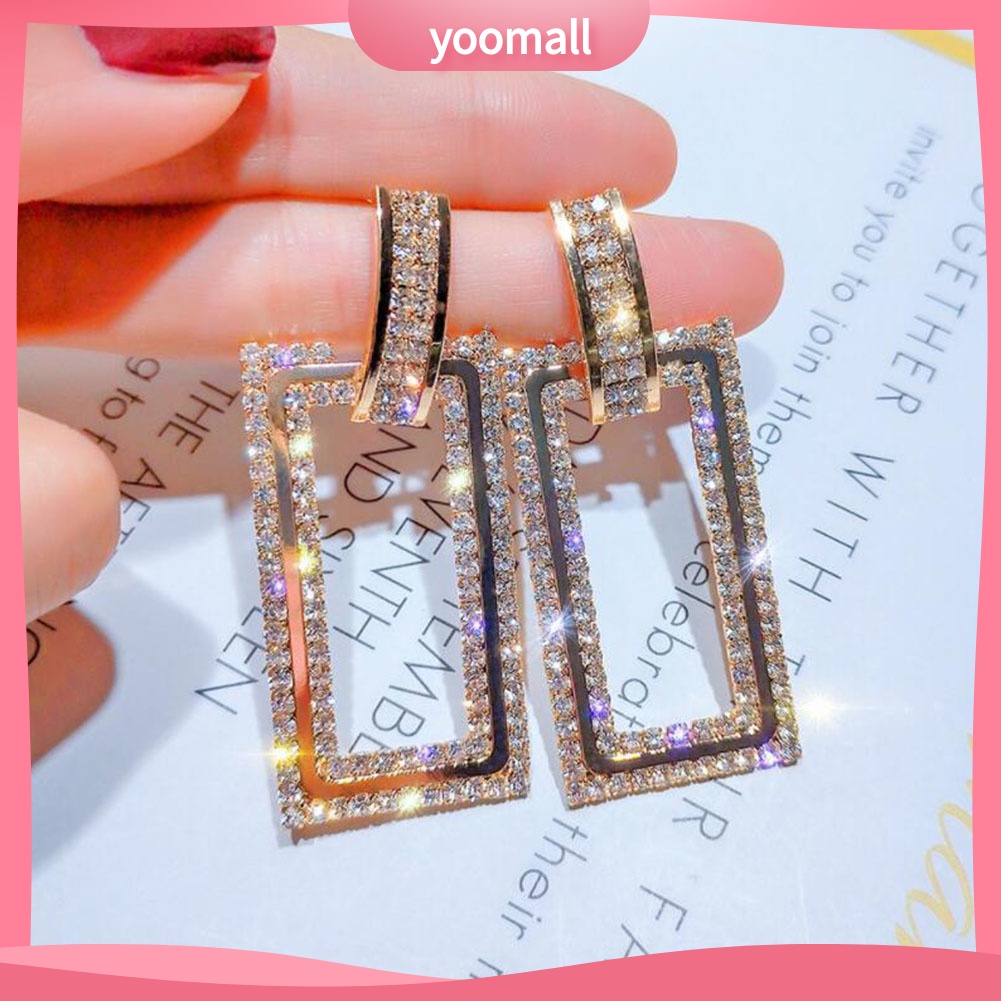 Đôi Bông Tai Dáng Dài Hình Chữ Nhật Đính Đá Lấp Lánh Cho Nữ