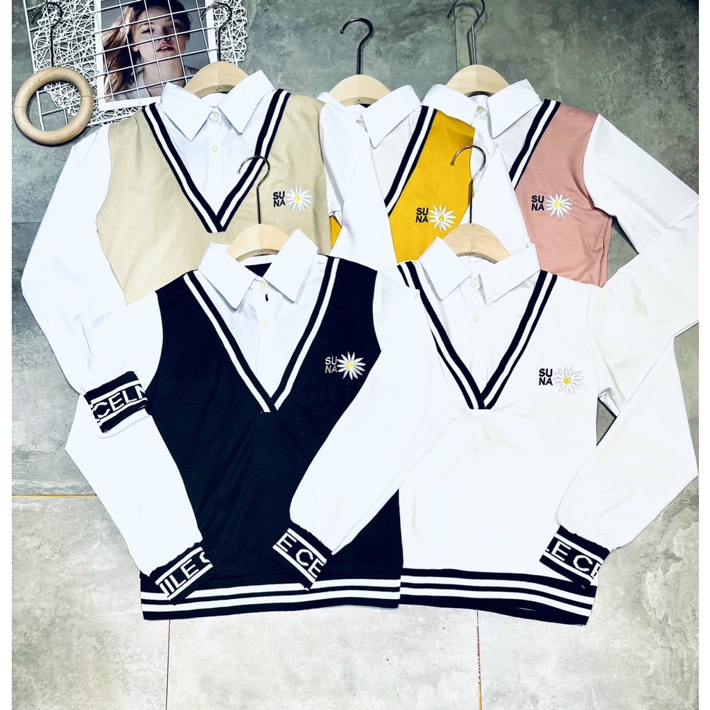 Áo gile nữ cổ V nỉ cotton kèm áo sơ mi trắng dài tay Siêu Hot