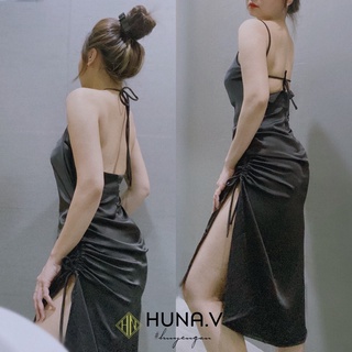 Đầm Lụa Cổ đổ rút xẻ tà 2 bên