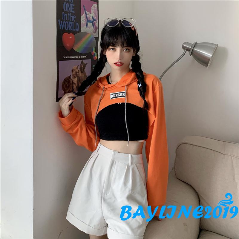 Hoodie croptop tay dài thêu chữ trẻ trung cho nữ