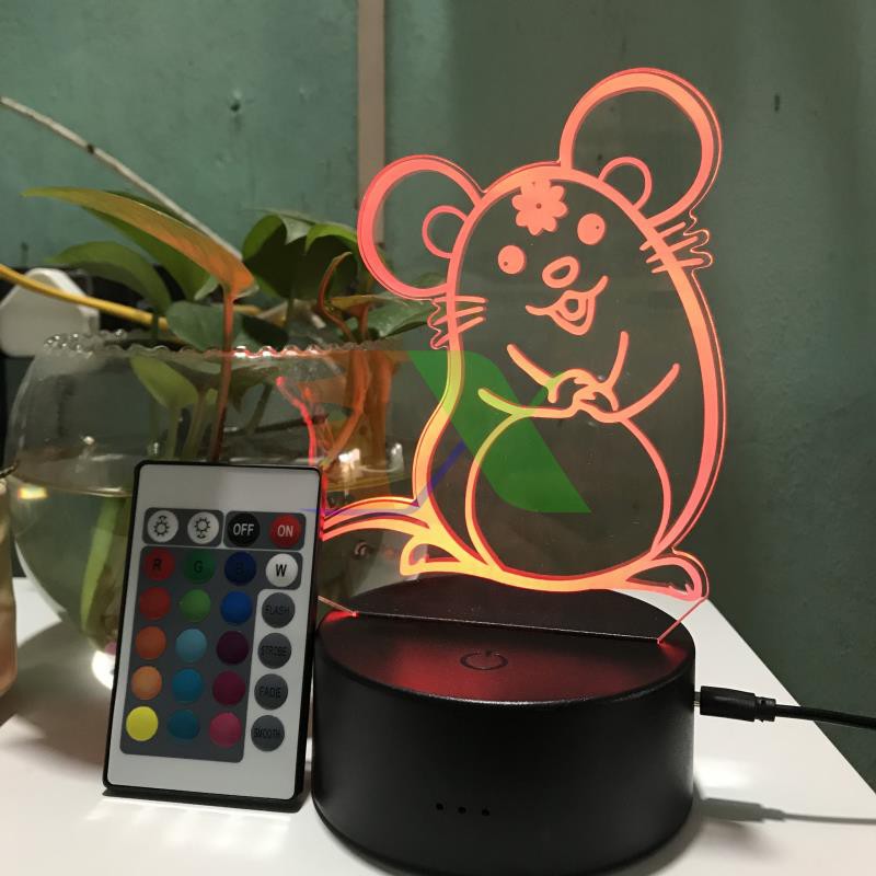 Đèn ngủ, Đèn trang trí Led 3D, Đèn ngủ 16 màu mini có điều khiển hình Con Chuột