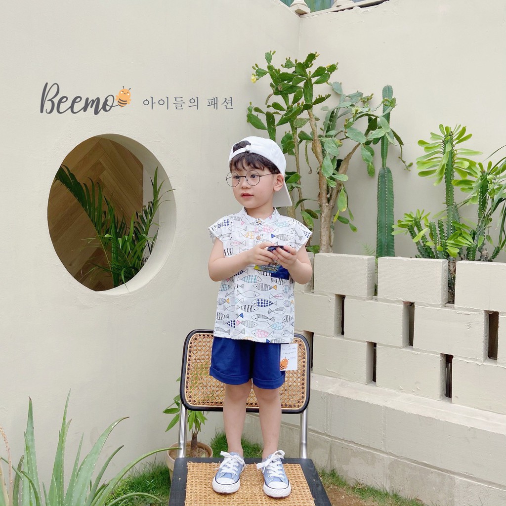 Set bộ cho bé Beemo -  chất liệu cotton mềm mịn, thiết kế dáng sơ mi cổ trụ cúc dừa 3 lỗ cùng hoạ tiết con cá B071