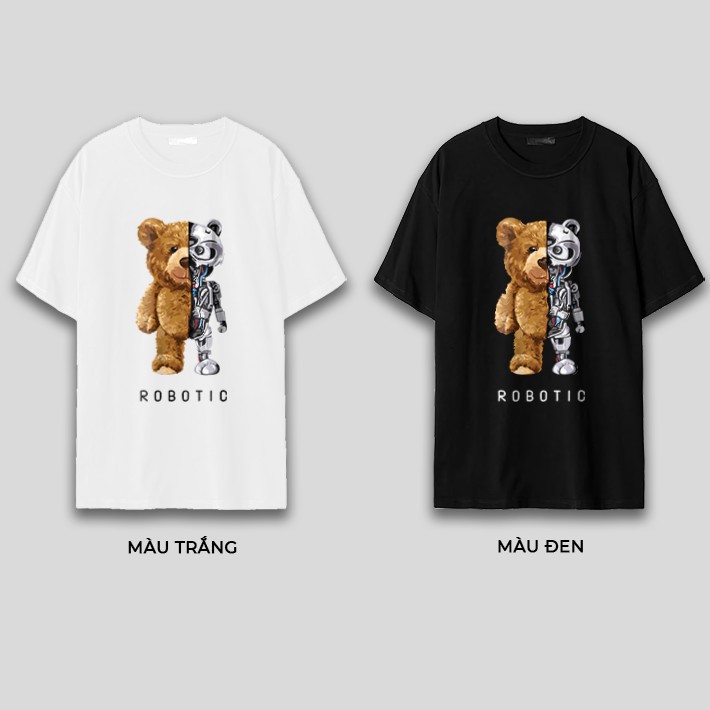 Áo thun unisex ngắn tay không cổ in hình GẤU ROBOTIC hợp thời trang - Bộ sưu tập áo phông gấu moschino cá tính