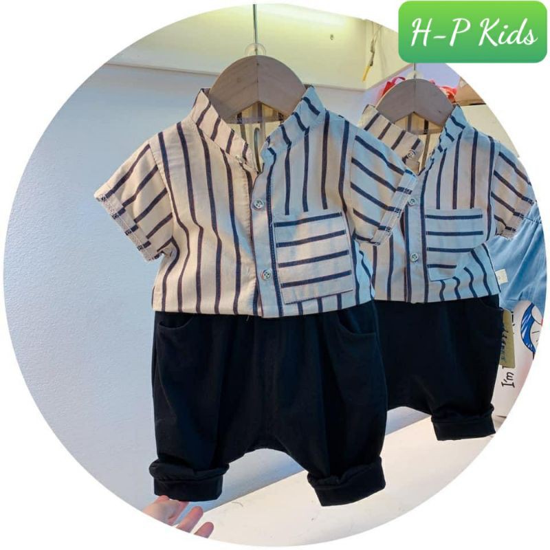[Mã FAMAYFA giảm 10K đơn 50K] Set áo cổ trụ sọc nâu bé trai