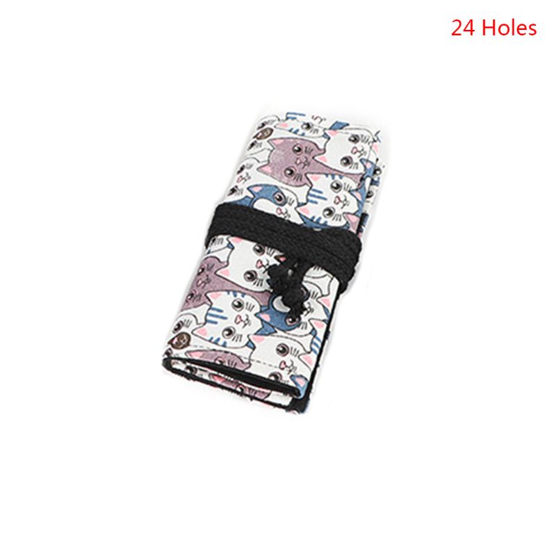 Túi Đựng Bút 12 24 36 48 72 Lỗ Bằng Vải Canvas In Họa Tiết Mèo Dễ Thương