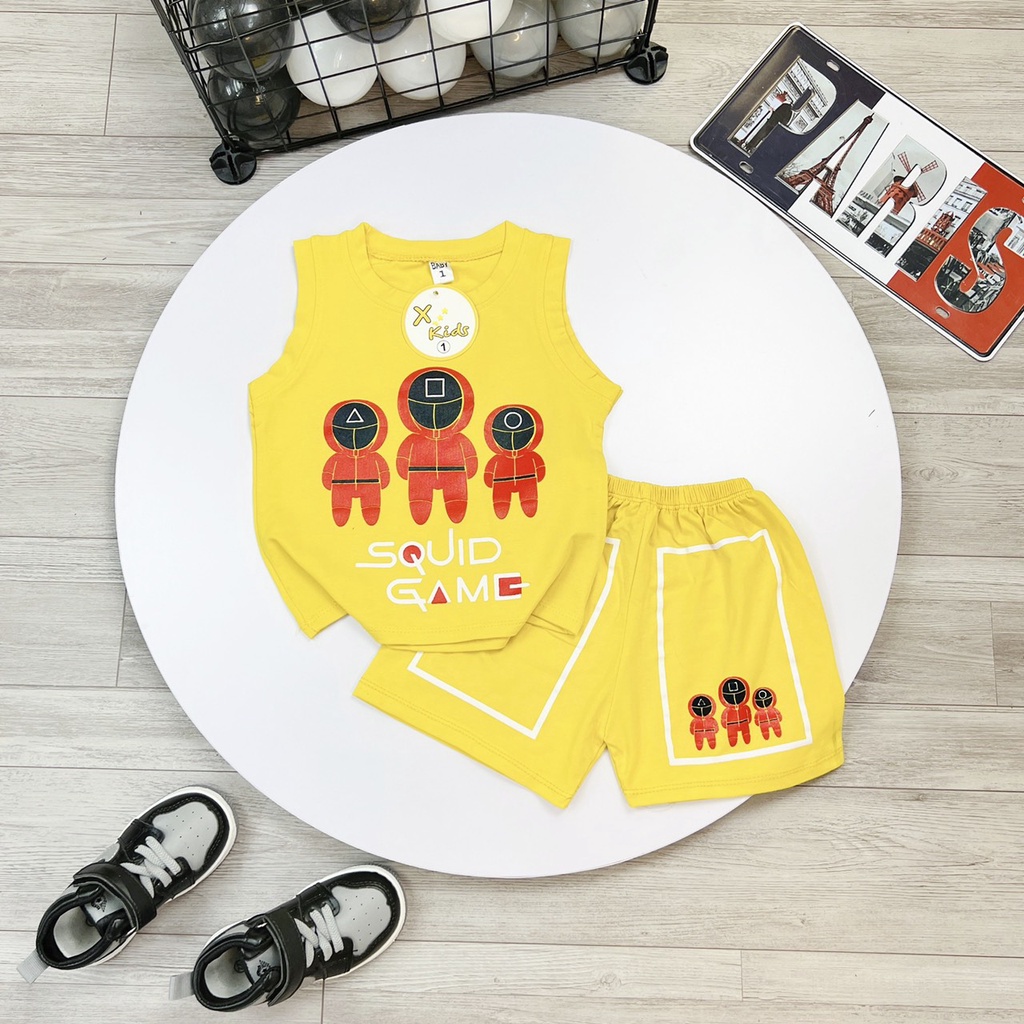 Sét áo ba lỗ bé trai, bộ quần áo sát nách họa tiết trò chơi con mực cho bé