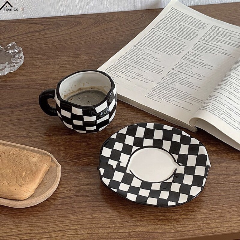 Set tách trà gốm sứ hoạ tiết retro phong cách Hàn Quốc