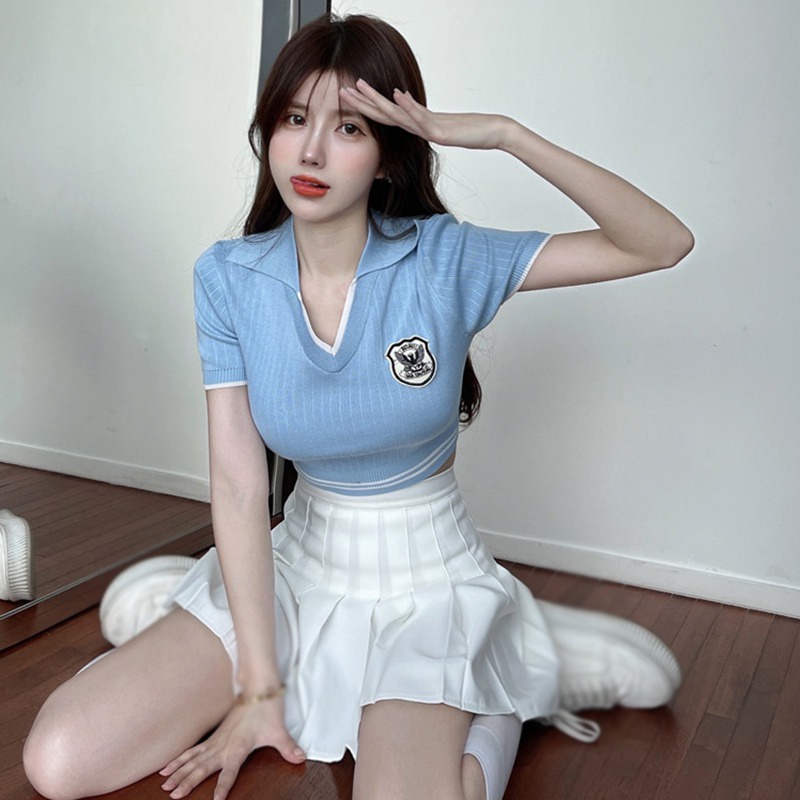 Áo Croptop Dệt Kim Tay Ngắn Cổ Chữ V Thoáng Khí Màu Sắc Thời Trang Phong Cách Hàn Quốc Cho Nữ