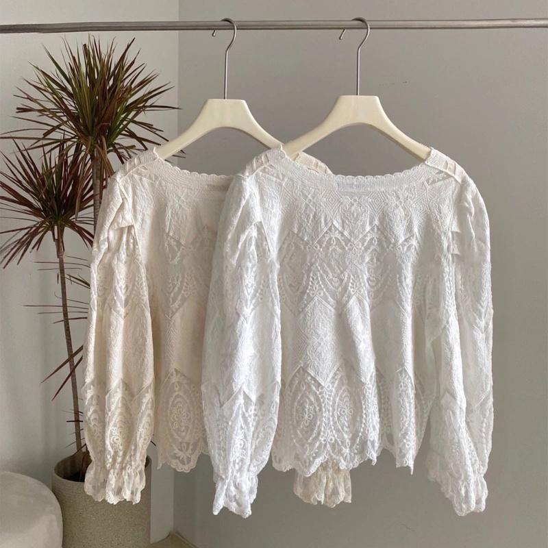 Áo Cardigan Ren Tay Phồng Cổ Chữ V Cài Nút Thêu Hoa Phong Cách Pháp Thời Trang Mùa Xuân Cho Nữ Ja