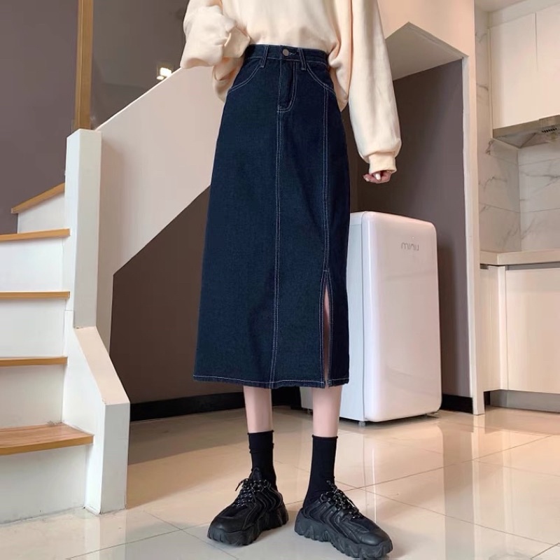Order chân váy jeans dài xẻ tà có BIGSIZE ulzzang