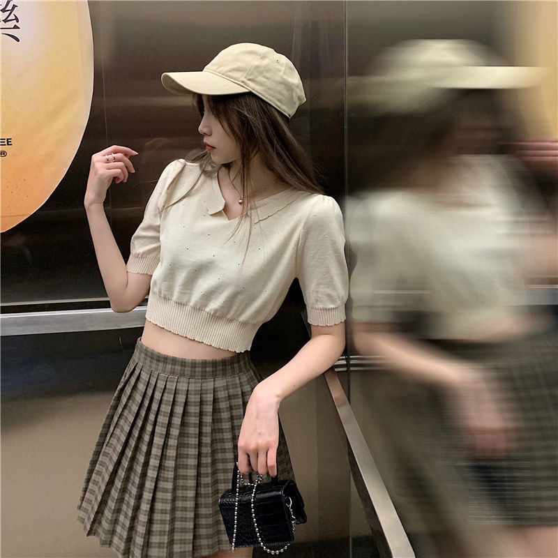 Áo Croptop Dệt Kim Tay Phồng Phối Ren Thời Trang Mùa Xuân Hàn Quốc Ngọt Ngào