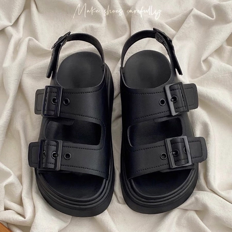 (CÓ SẴN Đen/Trắng be) Giày Sandals đế bánh mì 4.5p quai cài CAO CẤP da mềm mịn