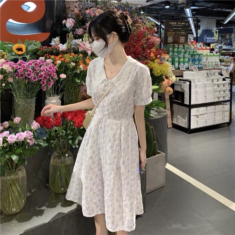 Đầm Hoa Nhỏ Ngắn Tay Ôm Eo phong cách mới thon gọn 2023