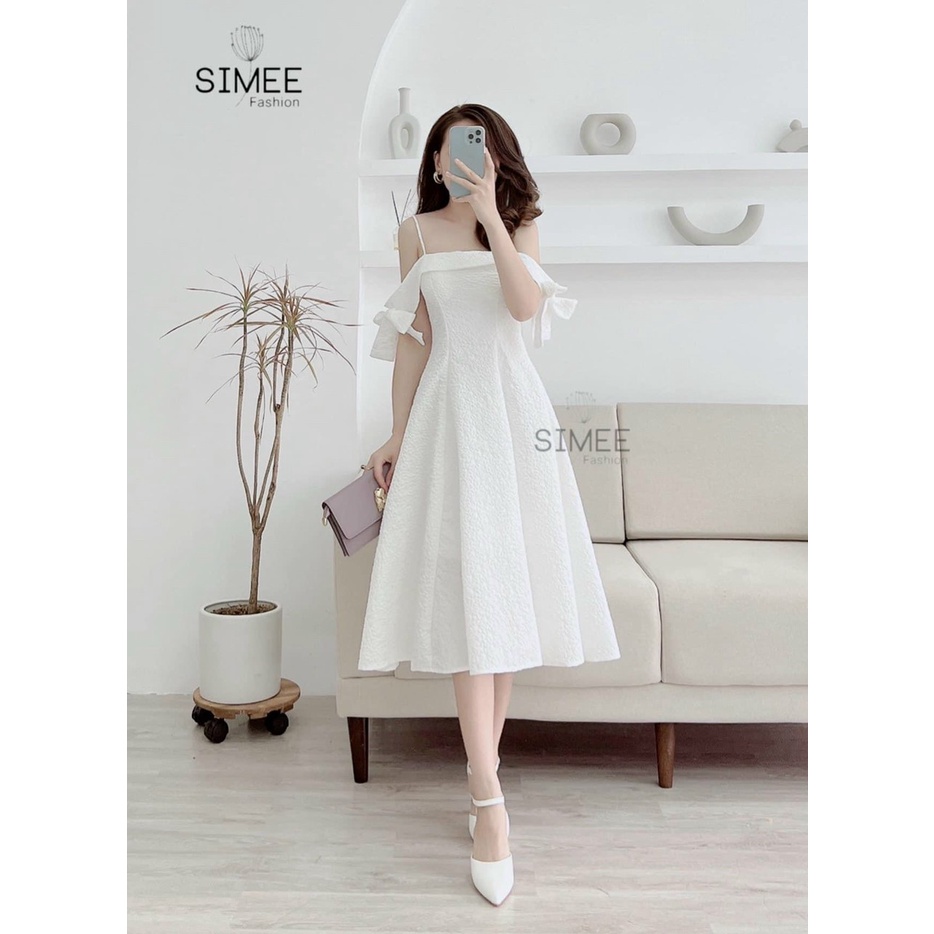 TTL Đầm trắng 2 dây xòe tay nơ dự tiệc tiểu thư dịu dàng xốp nhật