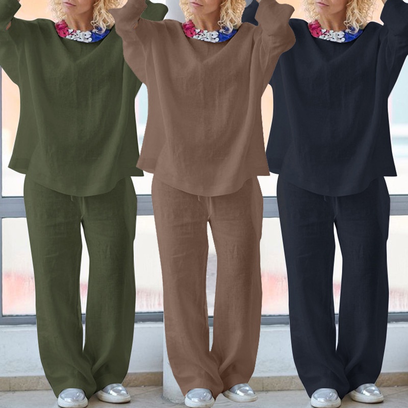 Bộ đồ Zanzea gồm áo dài tay cổ tròn và quần ống rộng thời trang dành cho nữ