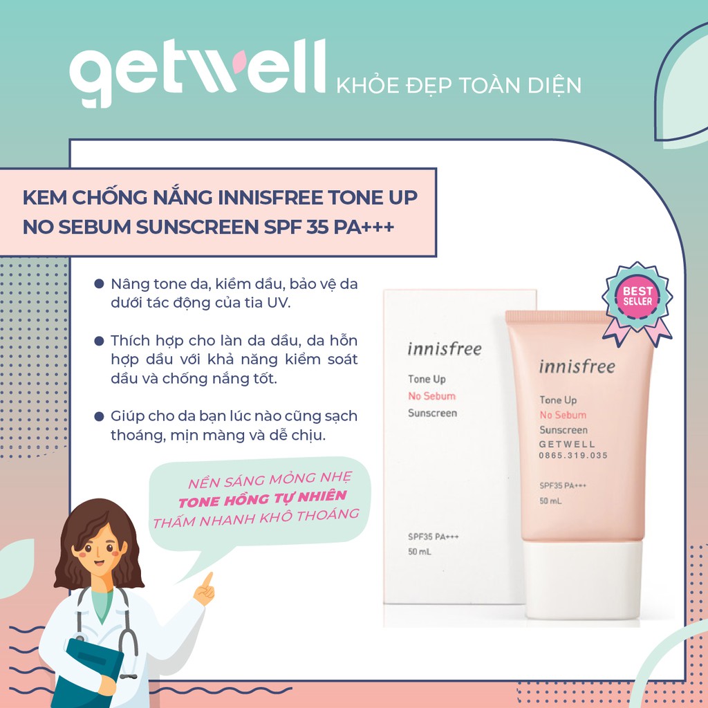 Kem chống nắng nâng tone, không bã nhờn Innisfree Tone Up No Sebum Sunscreen SPF35/PA+++