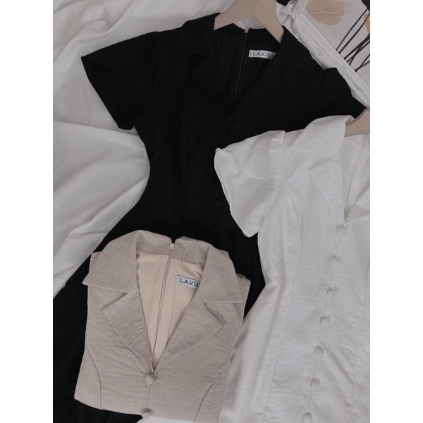 Đầm cổ vest nút bọc dáng đuôi cá 5 màu Đen Trắng Nâu Xanh Vàng | BigBuy360 - bigbuy360.vn